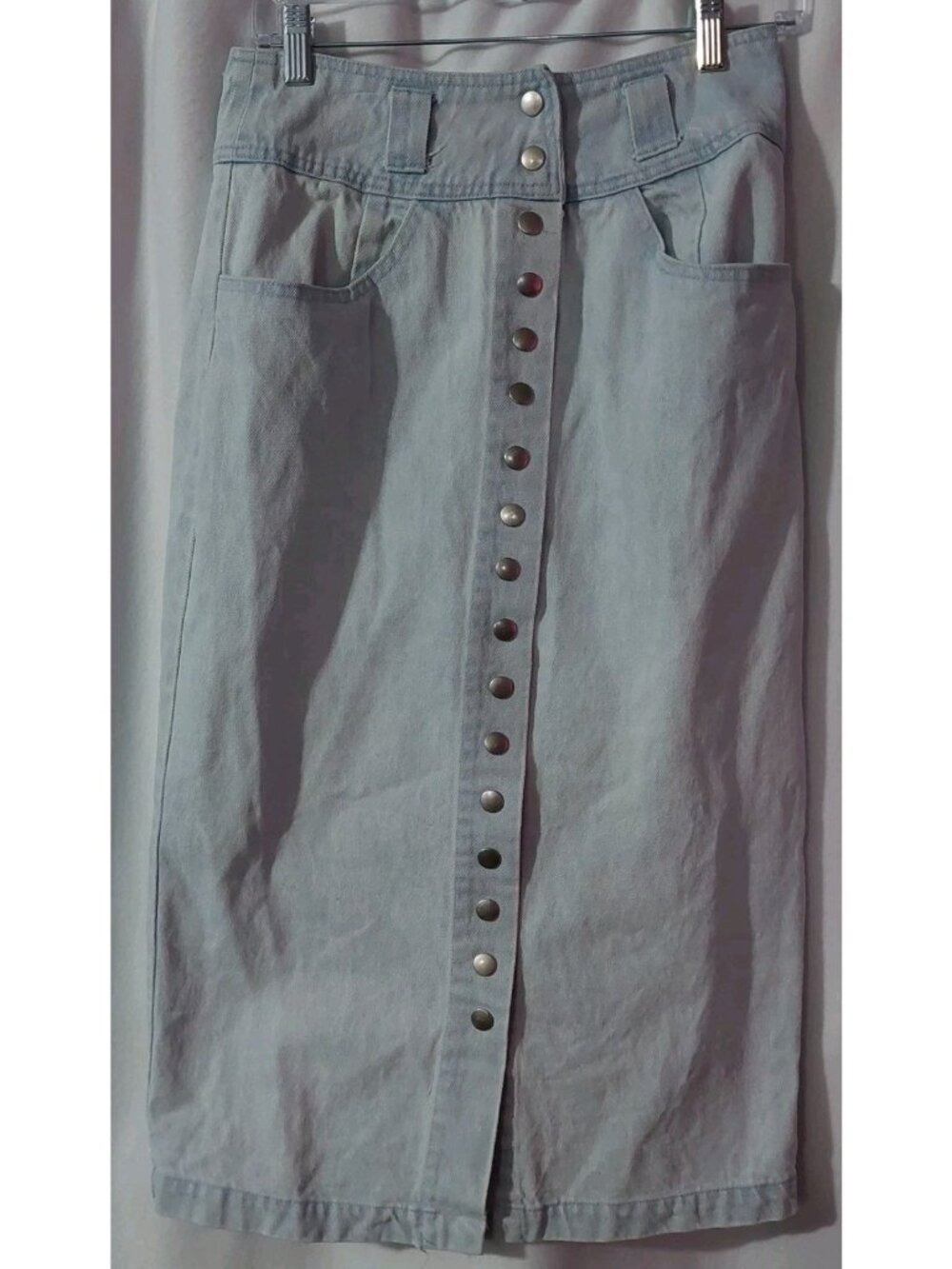 Forenza Womens Size 10 Front Button Denim Skirt Length 30 Light Blue Pockets Y2K